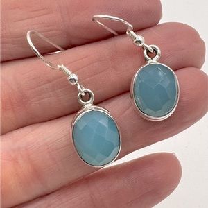 Blue Chalcedony 925 sterling silver faceted oval dangle earrings.